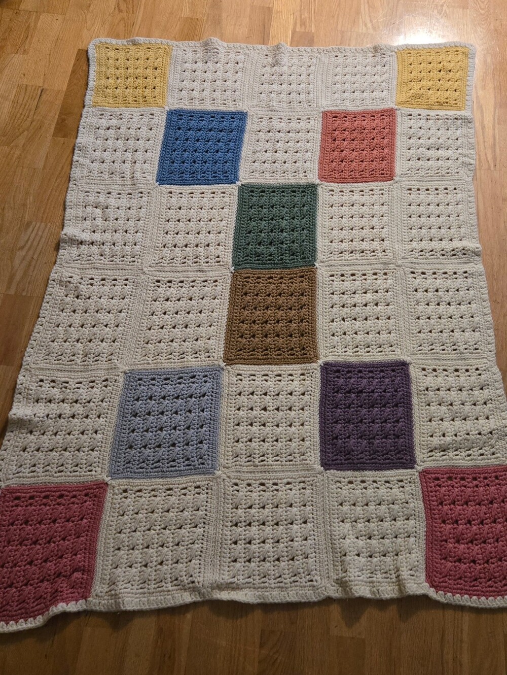 Handmade Cream Crochet Patchwork Throw with Multicolor Accents 51" x 44"